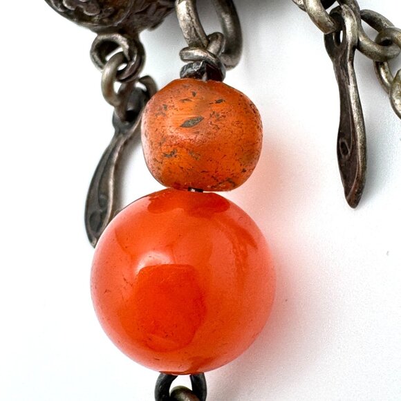 Qing Antique Chinese Silver Gourd Snuff Bottle Charm Coral Adornment Chain 20 g - Picture 11 of 16